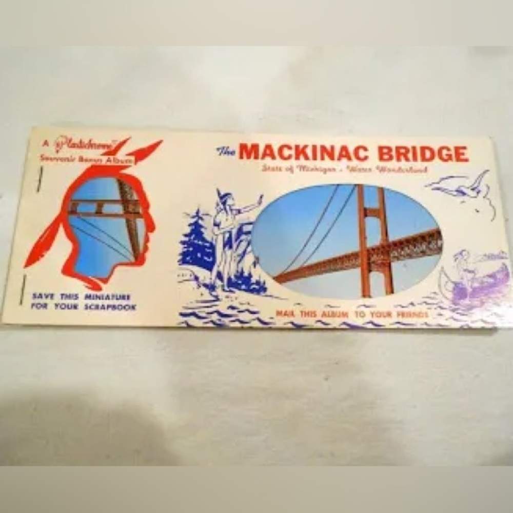 🏞️ Vintage Mackinac Bridge Souvenir Book Plastichrome Bonus Album State of Michi